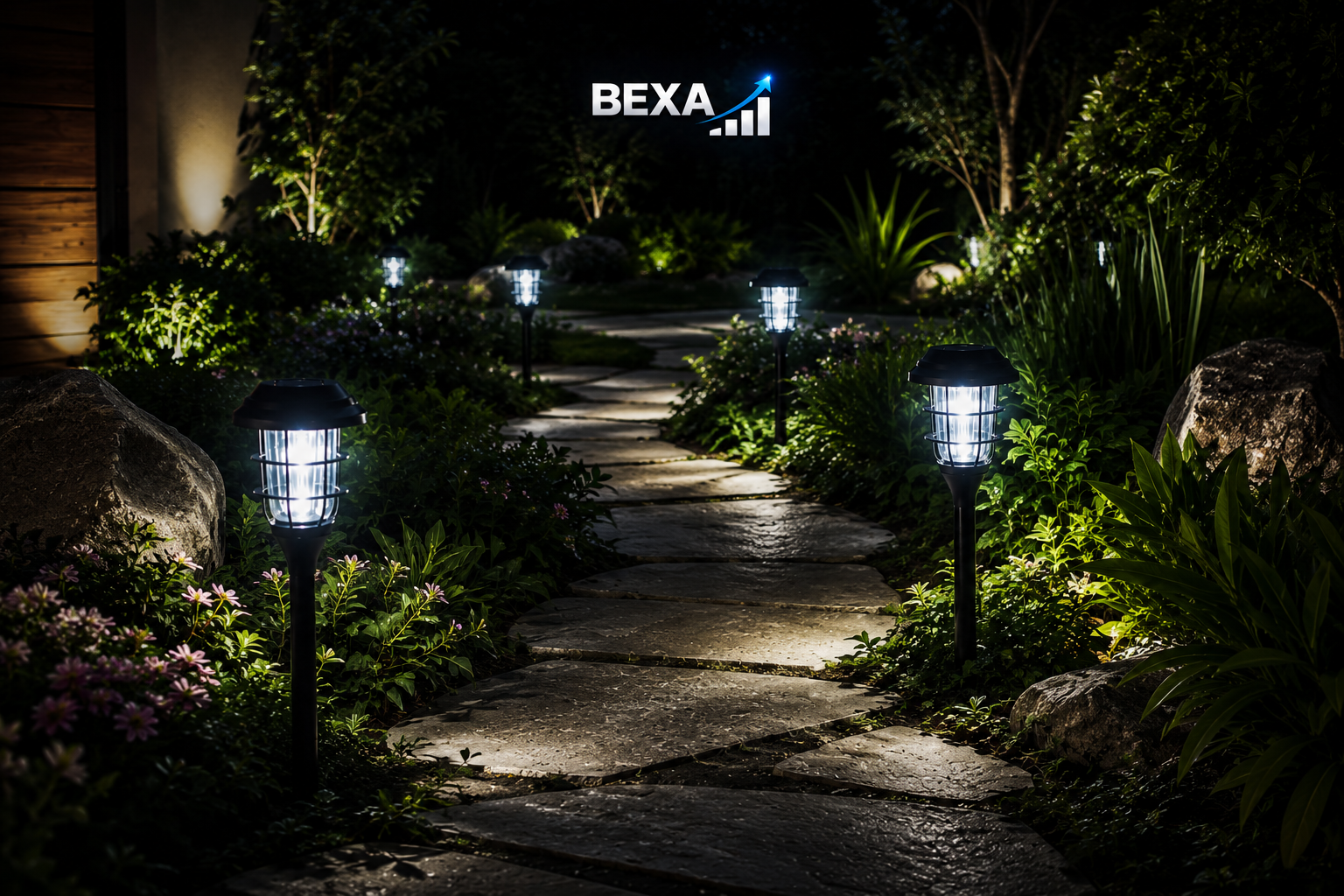 Luces solares iluminando camino de jard&iacute;n